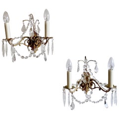 Antique Pair of French Gilded Ornate Lamp Brass Wall Lights with Crystal Swag Drops