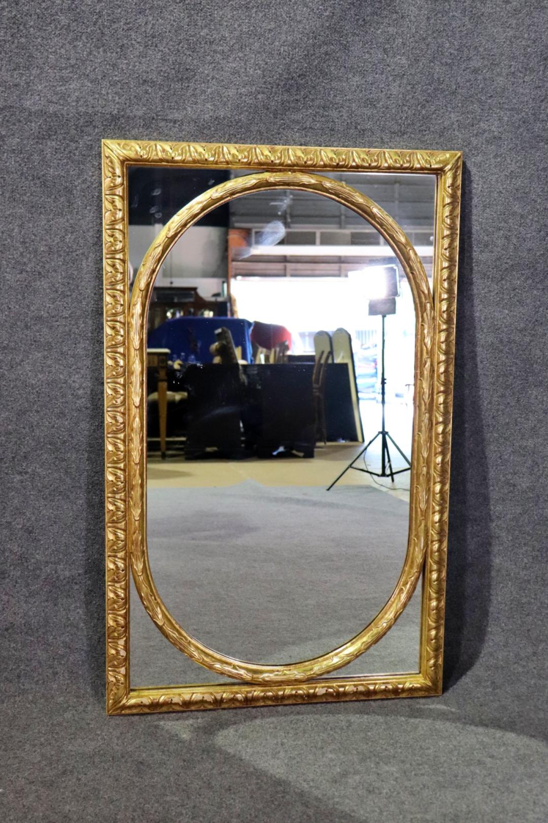 Louis XVI Pair of French Gilded Oval within a Rectangle Gilt Wood Mirrors  For Sale