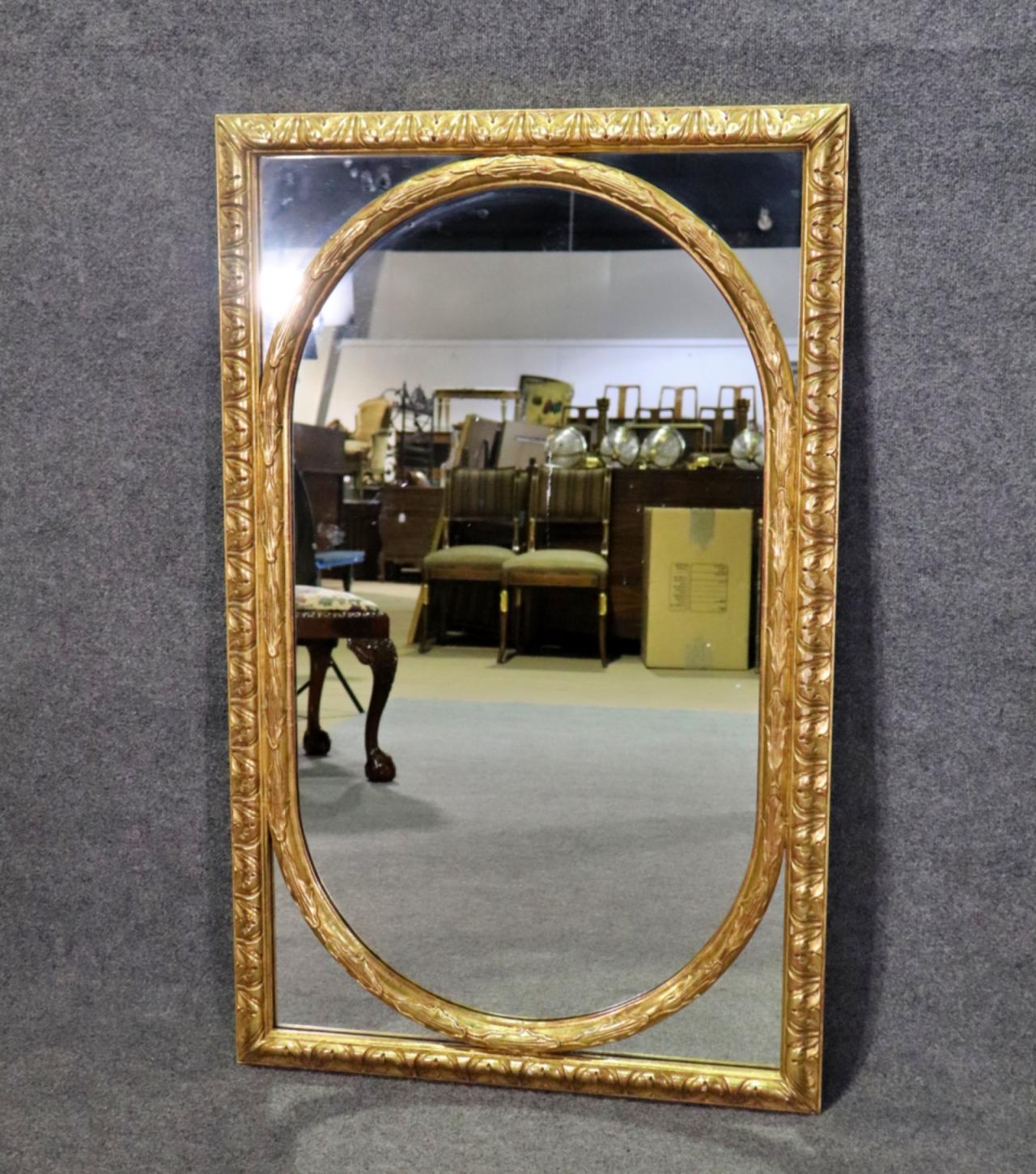 Pair of French Gilded Oval within a Rectangle Gilt Wood Mirrors  In Good Condition For Sale In Swedesboro, NJ