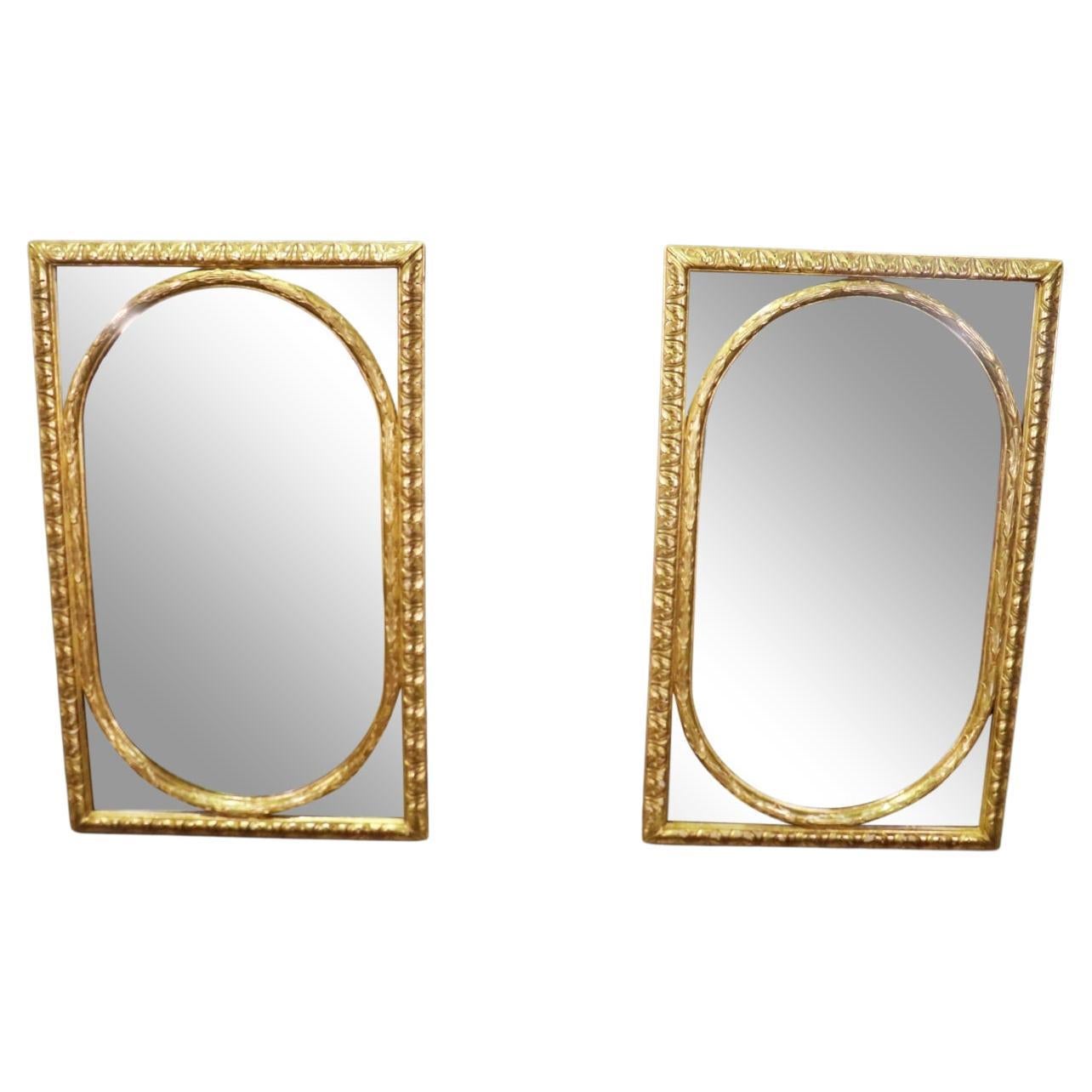Pair of French Gilded Oval within a Rectangle Gilt Wood Mirrors 