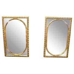 Pair of French Gilded Oval within a Rectangle Gilt Wood Mirrors 