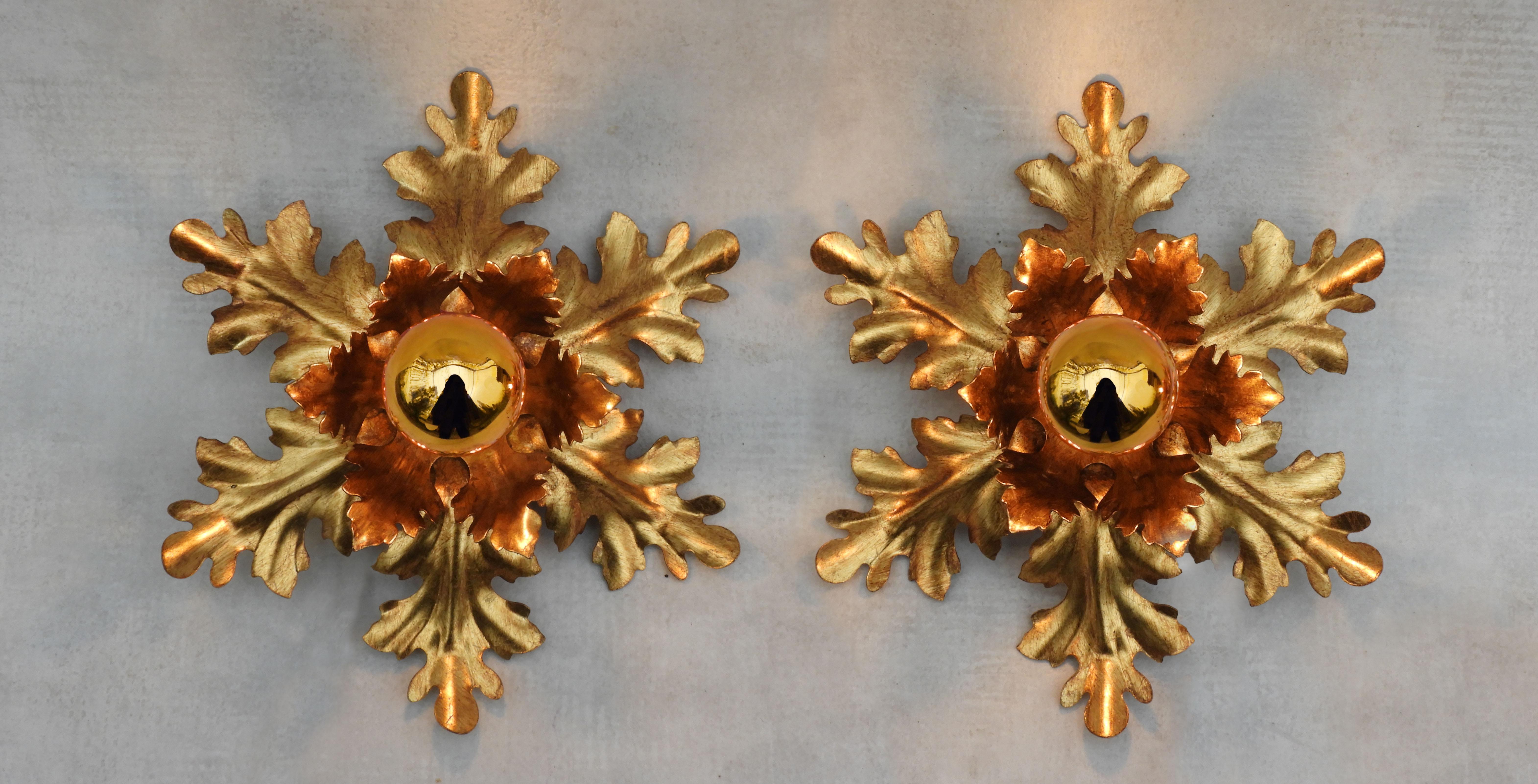 Hollywood Regency Pair of French Gilded Tole Flush Mount Ceiling Lights or Wall Light Sconces For Sale