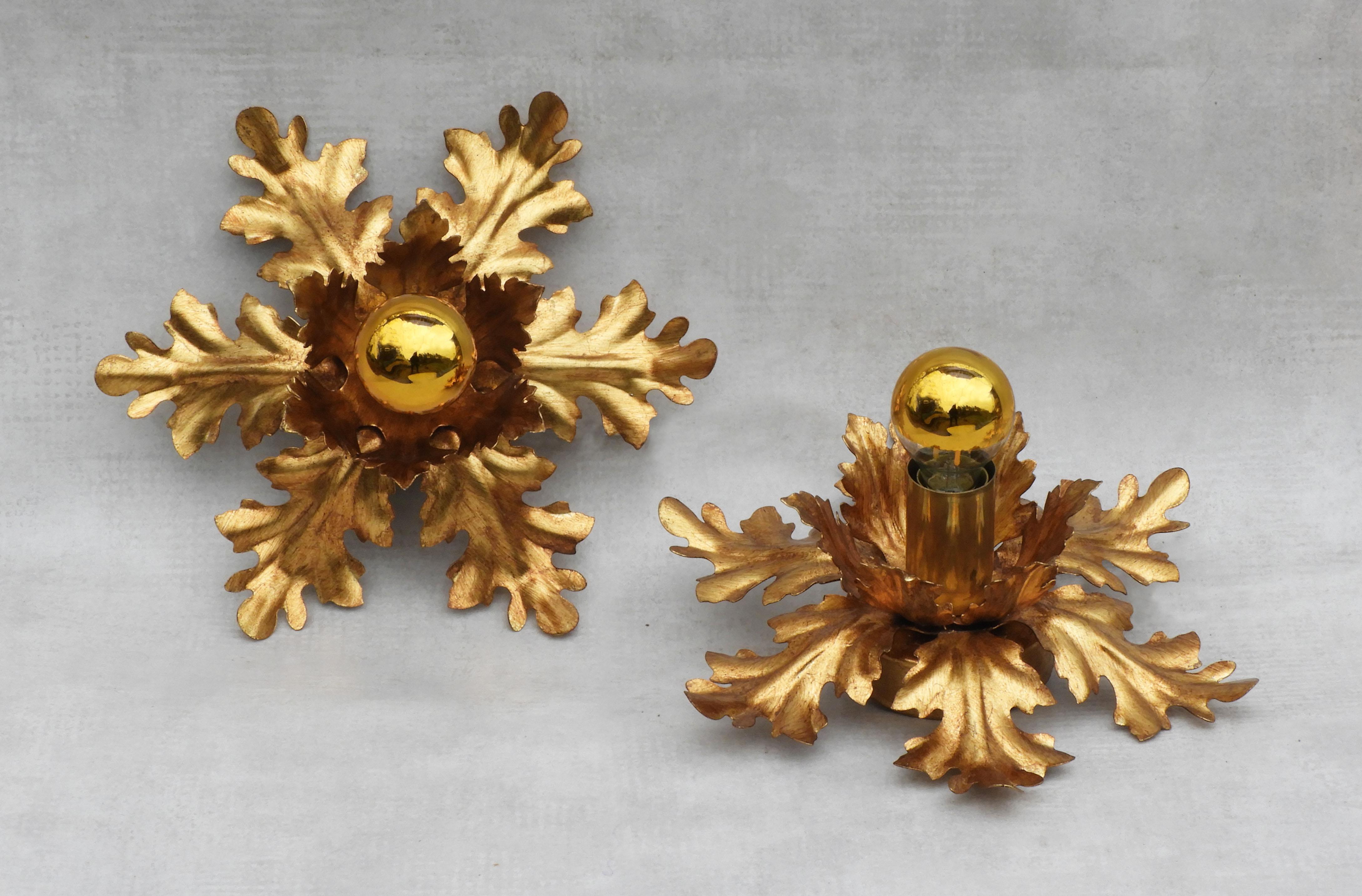 Gilt Pair of French Gilded Tole Flush Mount Ceiling Lights or Wall Light Sconces For Sale