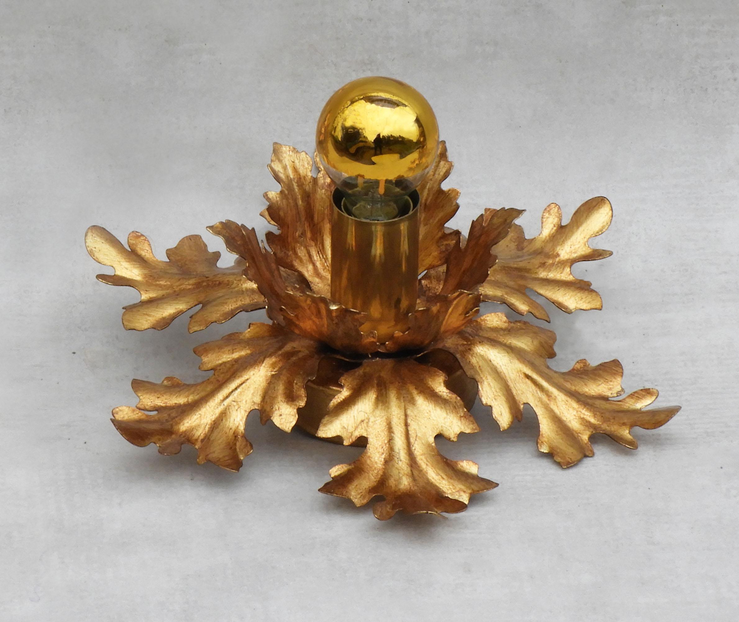 20th Century Pair of French Gilded Tole Flush Mount Ceiling Lights or Wall Light Sconces For Sale