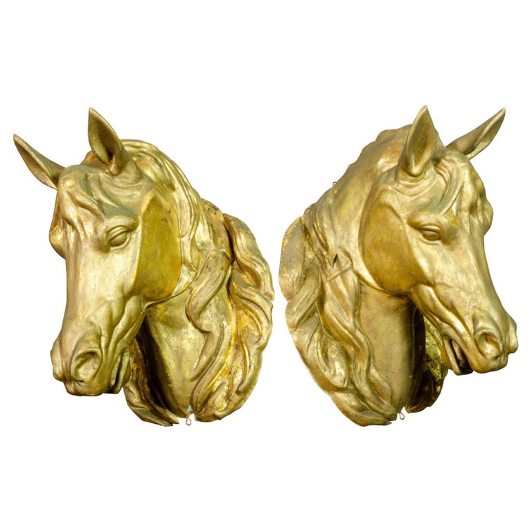 Pair of French Gilded Zinc Horse Heads For Sale