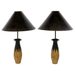 Pair of French Gilt and Bronze Finished Lamps with Metal Shades by Primavera