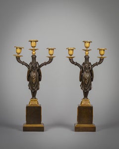 Pair of French Gilt and Patinated Bronze Figural Three-Lite Candelabra