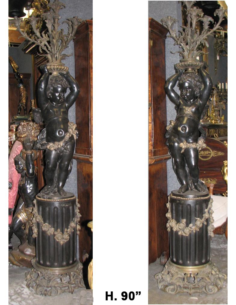 Pair of French Gilt and Patinated Bronze Figural Torchieres In Good Condition In Cypress, CA