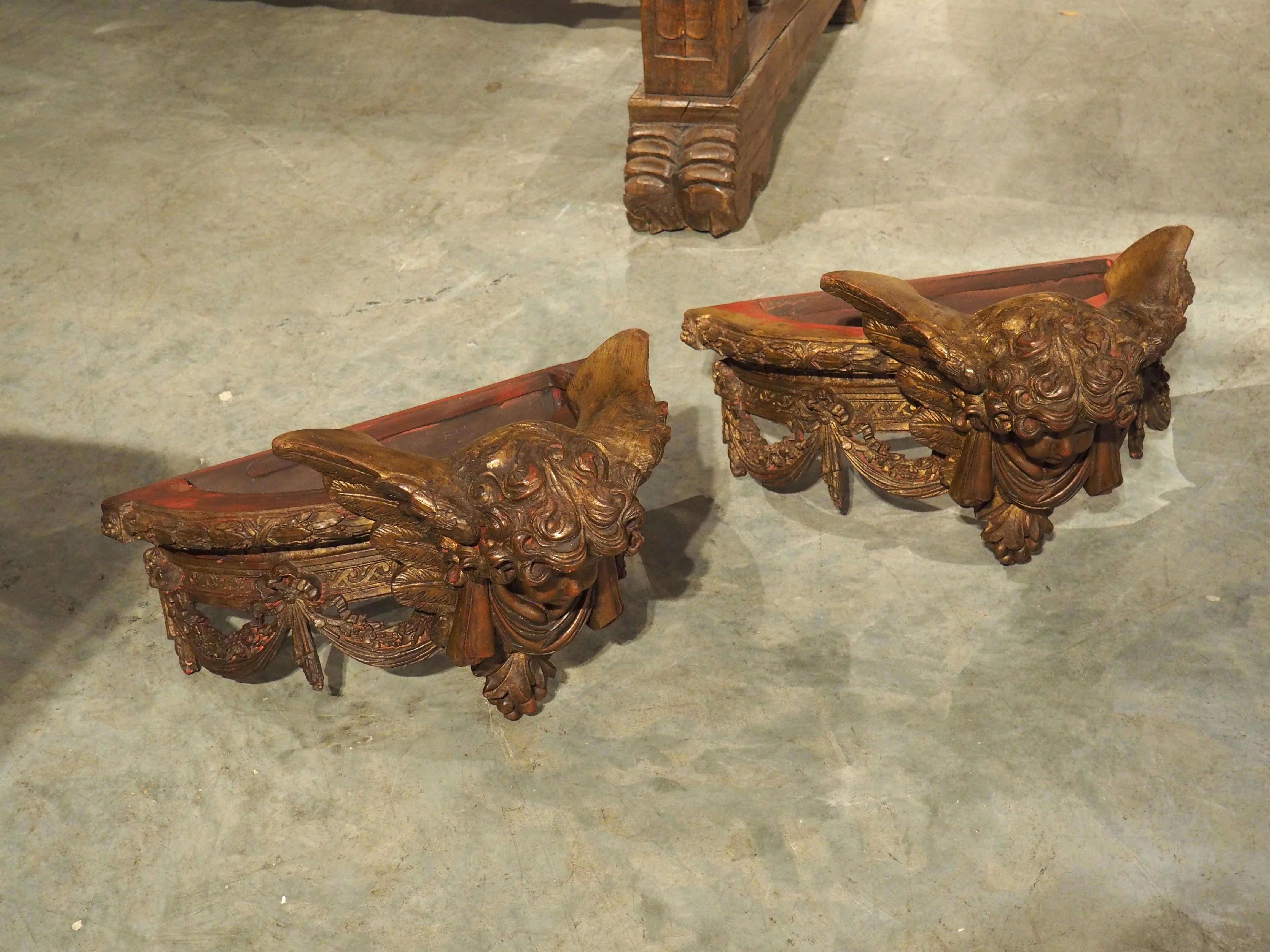Pair of French Gilt and Polychrome Winged Cherub Ciels Du Lit, 20th Century 5