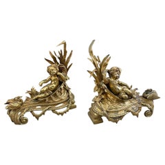 Pair of French Gilt Brass  Cherub Fireplace Andirons