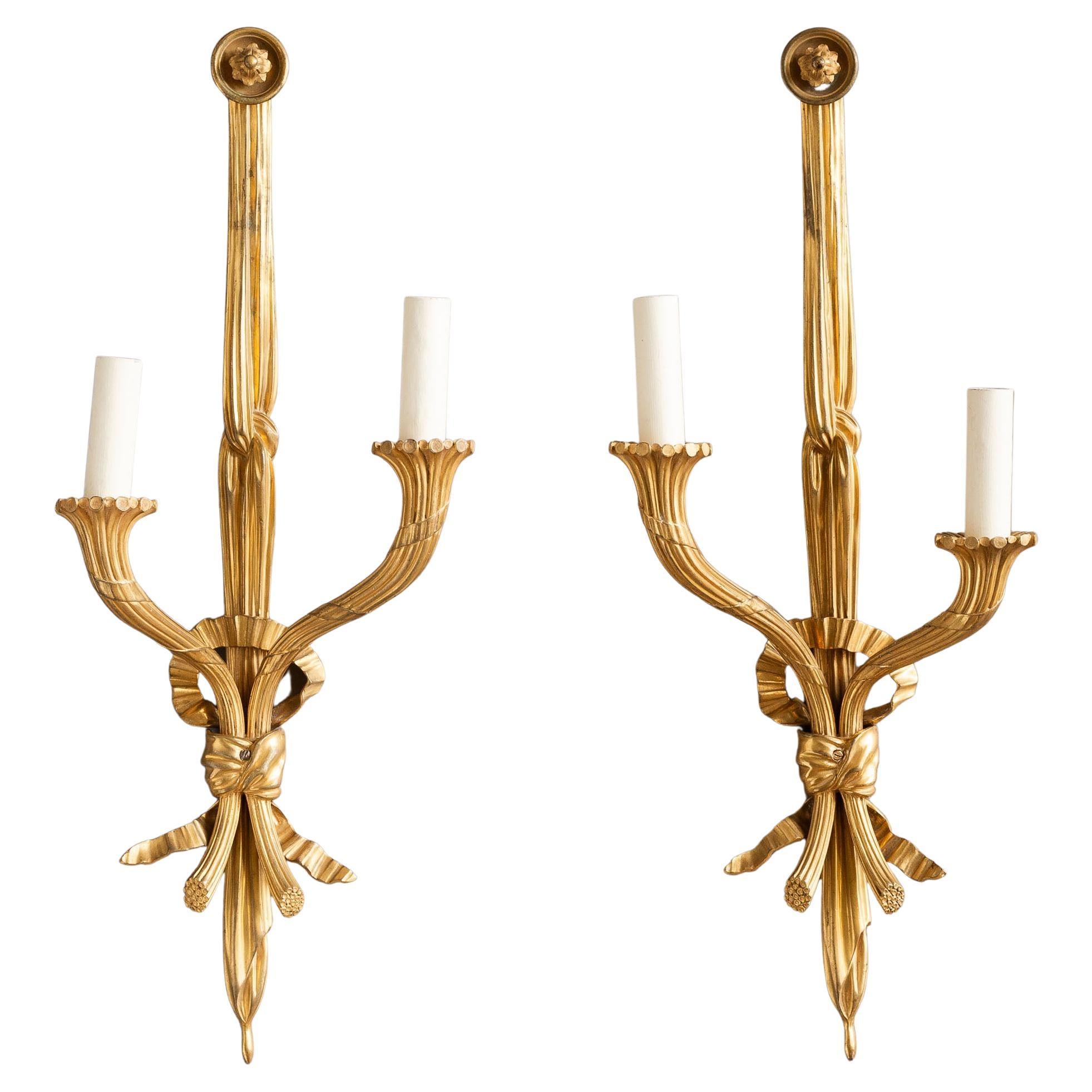Pair of French Gilt-Brass Ribboned Wall Lights