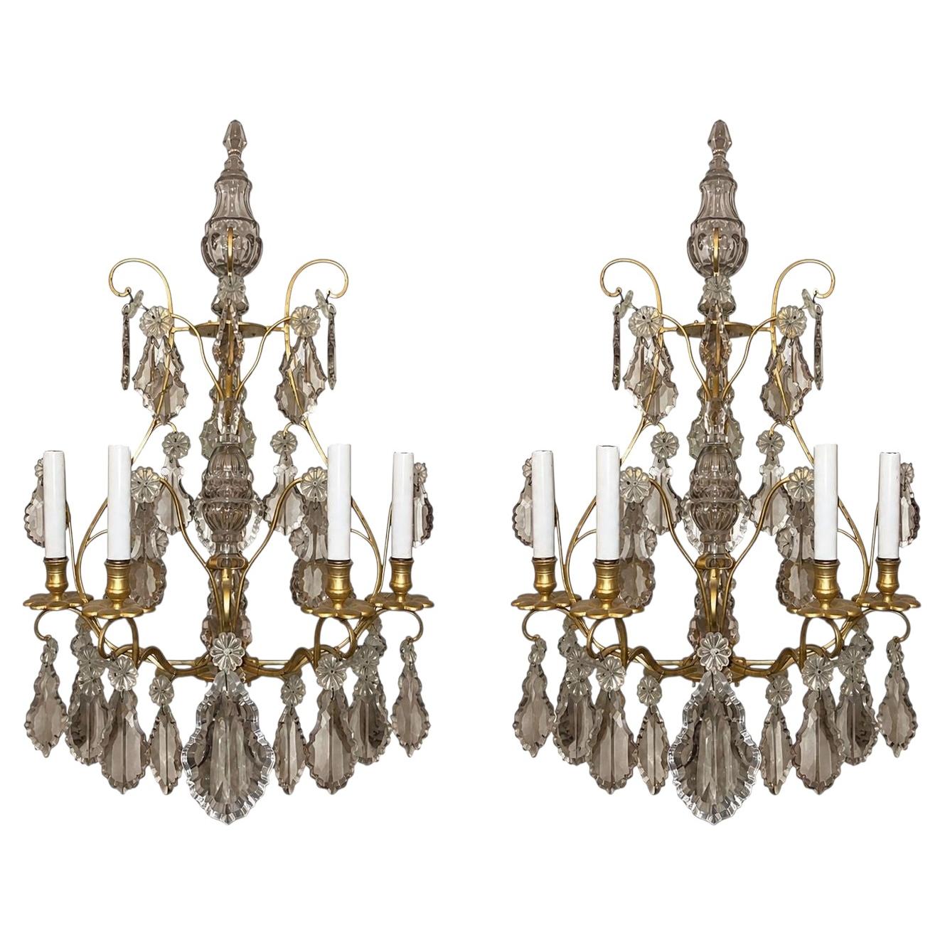 Pair of French Gilt Bronze and Crystal Wall Sconces, Late 19th Century.