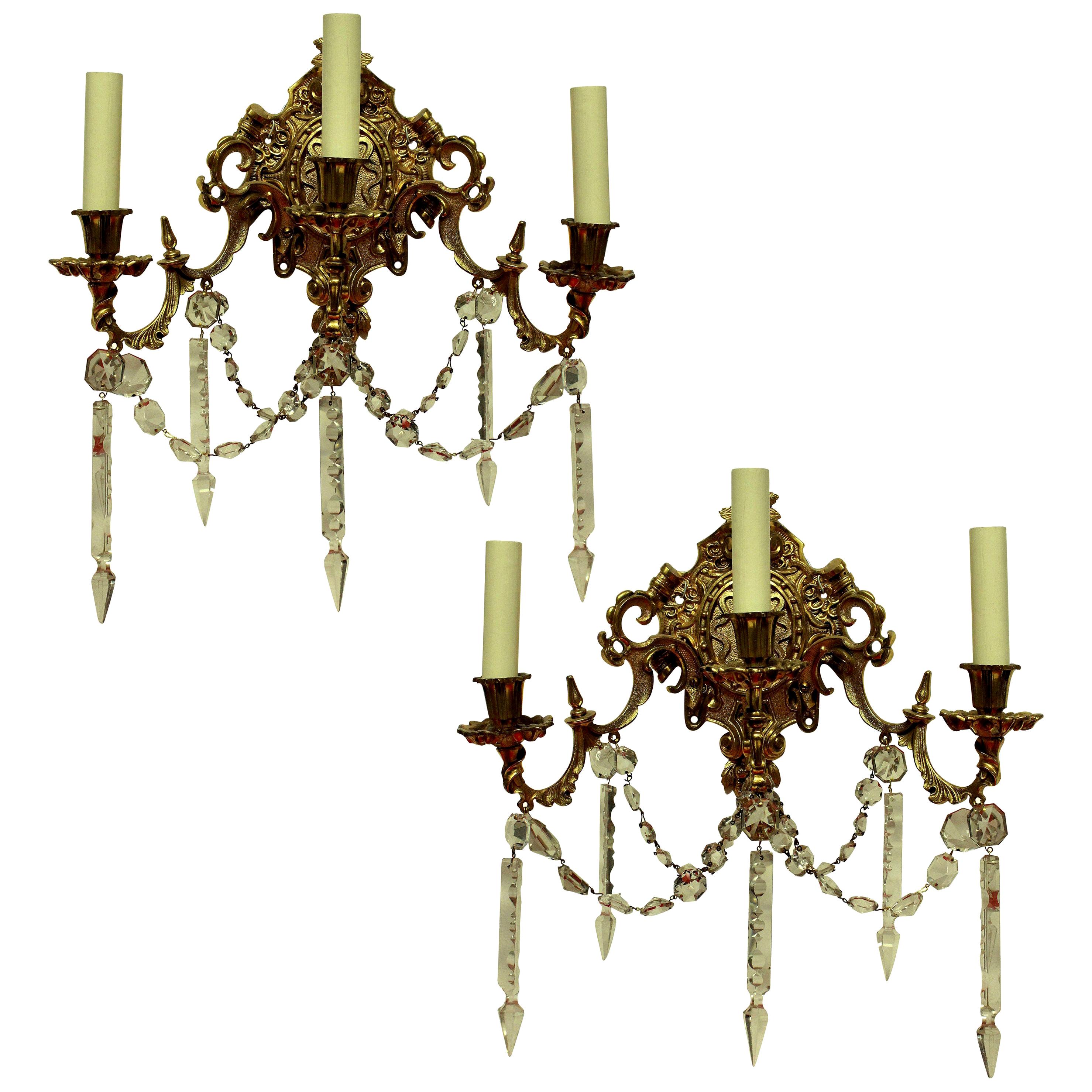 Pair of French Gilt Bronze and Cut-Glass Wall Lights