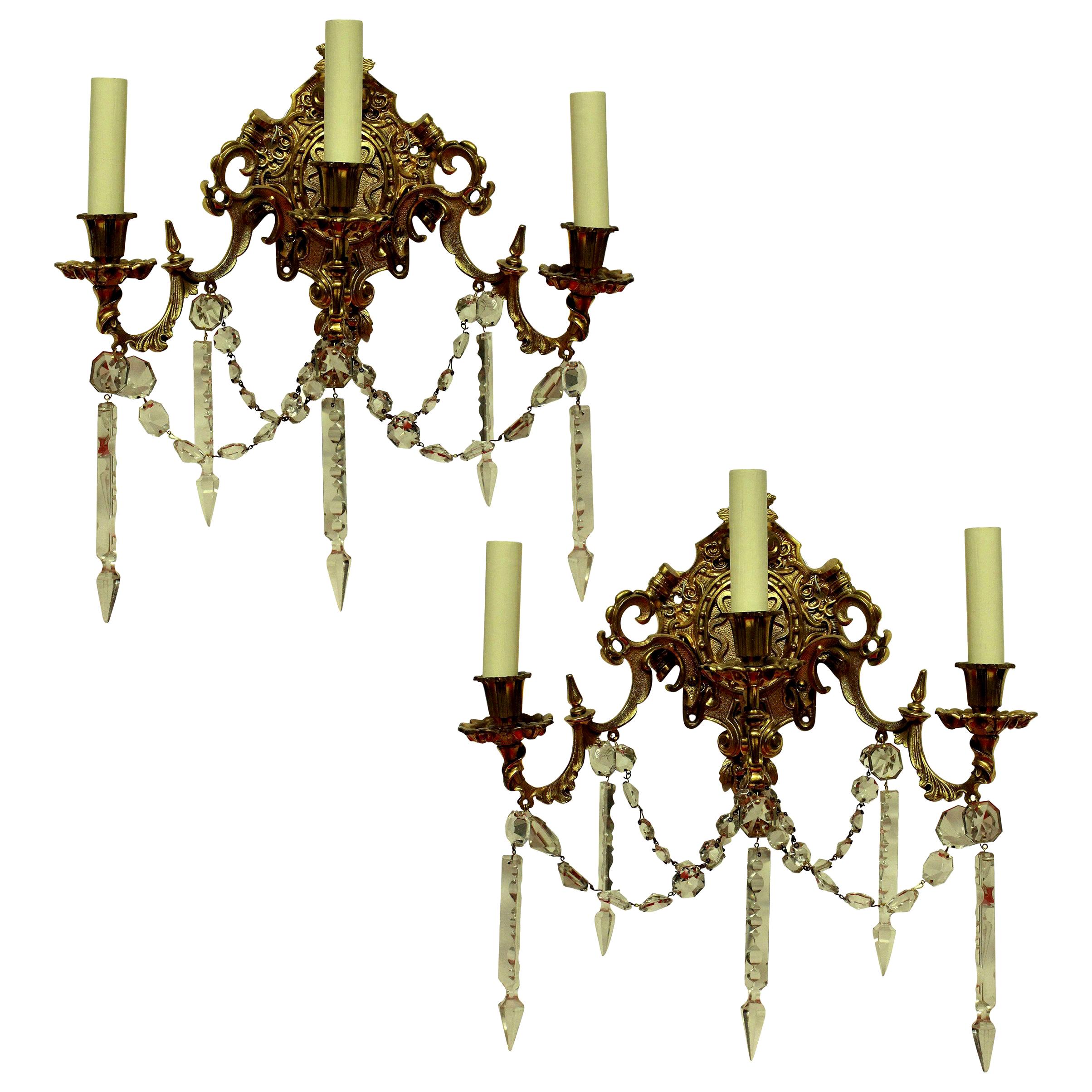 Pair of French Gilt Bronze and Cut-Glass Wall Lights