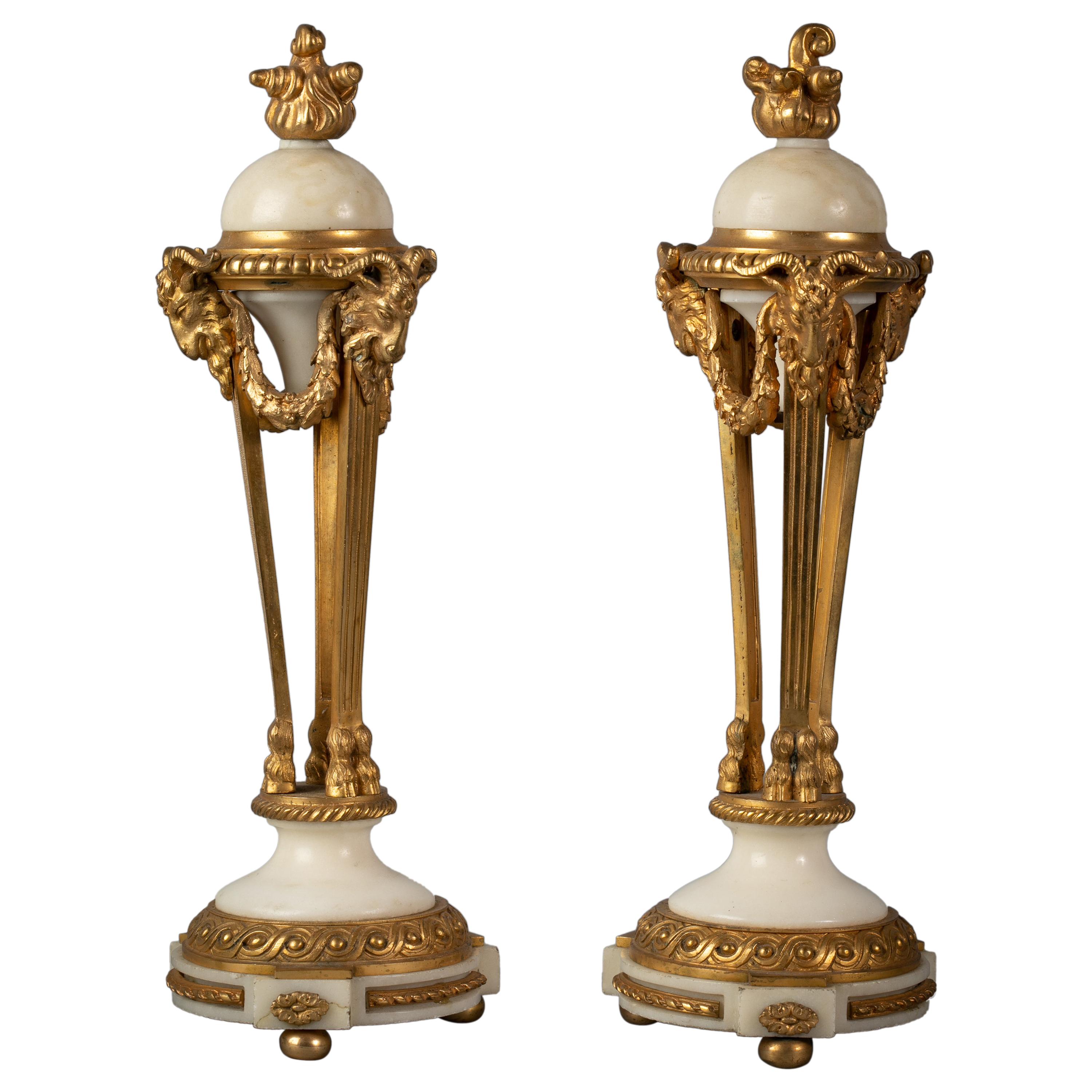 Paire d'urnes françaises recouvertes de bronze doré et de marbre, datant d'environ 1875