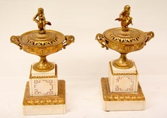 Pair of French Gilt Bronze and Marble Urns
