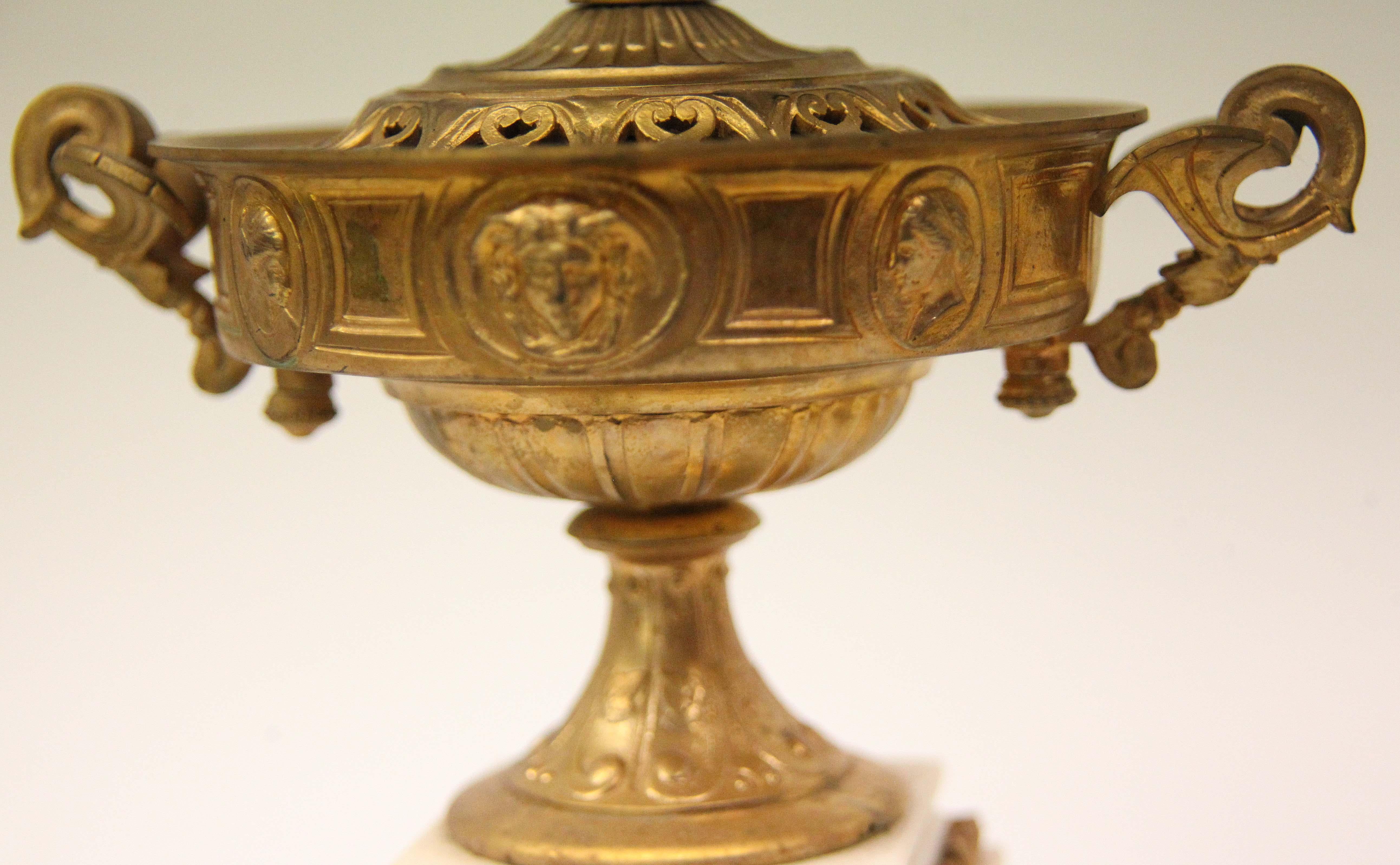 Pair of French Gilt Bronze and Marble Urns 3