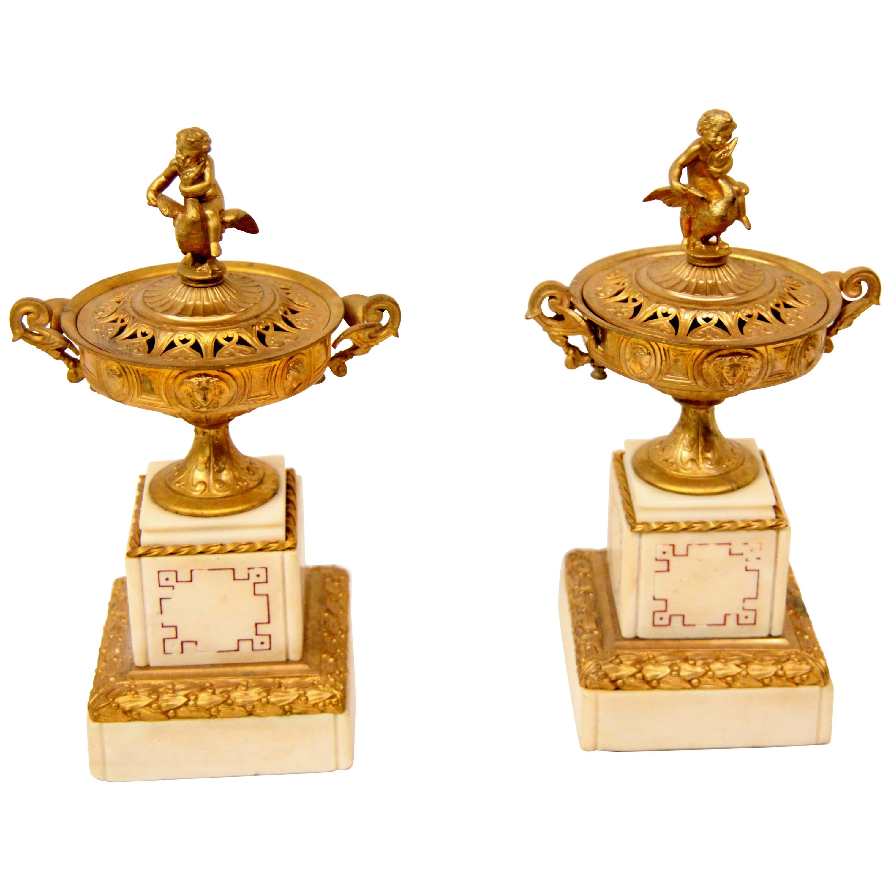 Pair of French Gilt Bronze and Marble Urns
