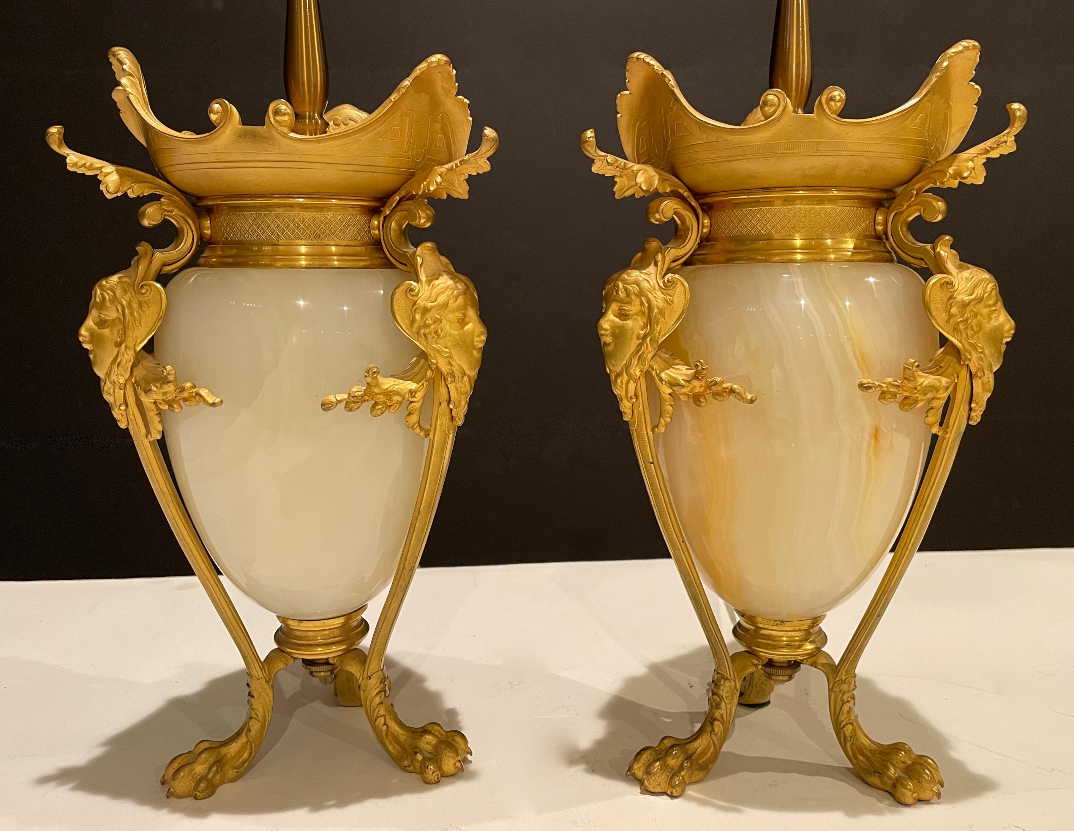 Belle Époque Pair of French Gilt Bronze and Onyx Urns as Lamps