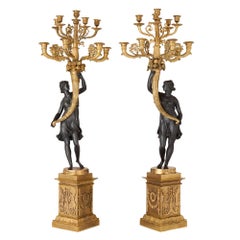 Pair of French Gilt Bronze and Patinated Bronze Candelabra