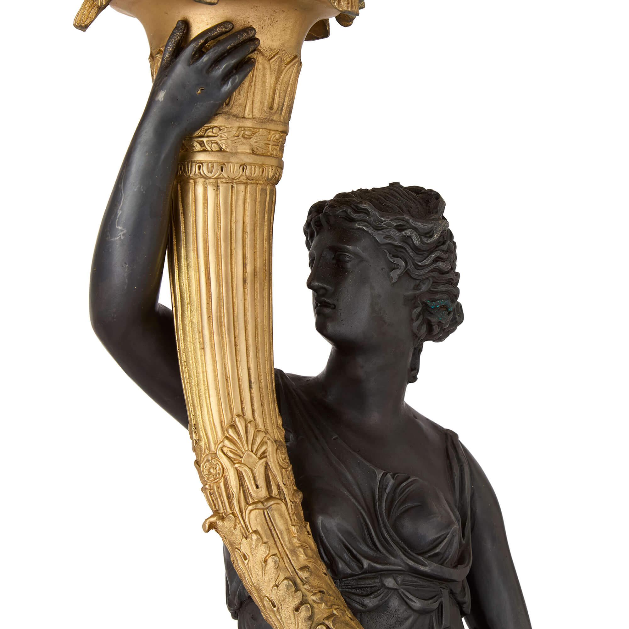 Pair of French Gilt Bronze and Patinated Bronze Candelabra For Sale 1