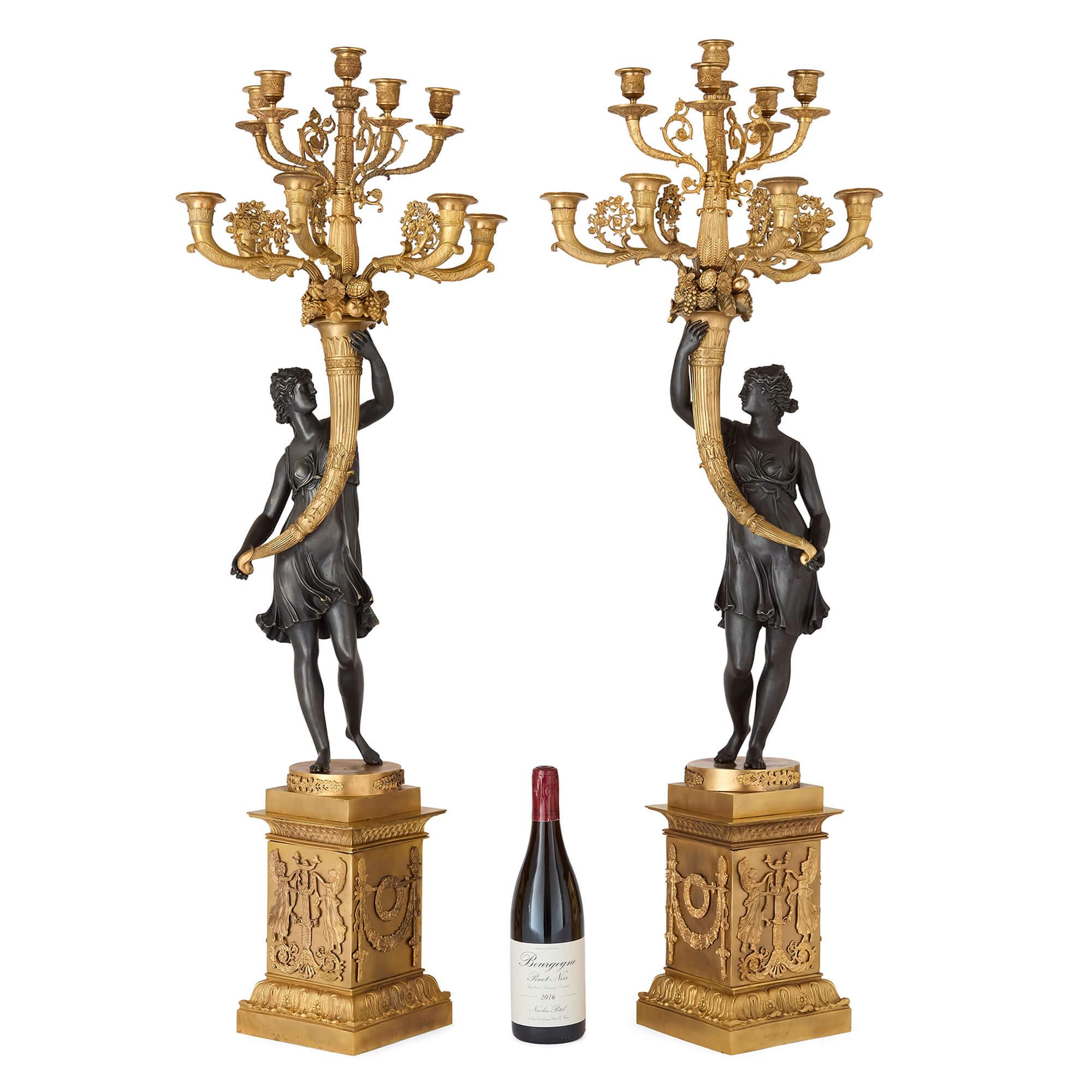 Pair of French Gilt Bronze and Patinated Bronze Candelabra For Sale 4