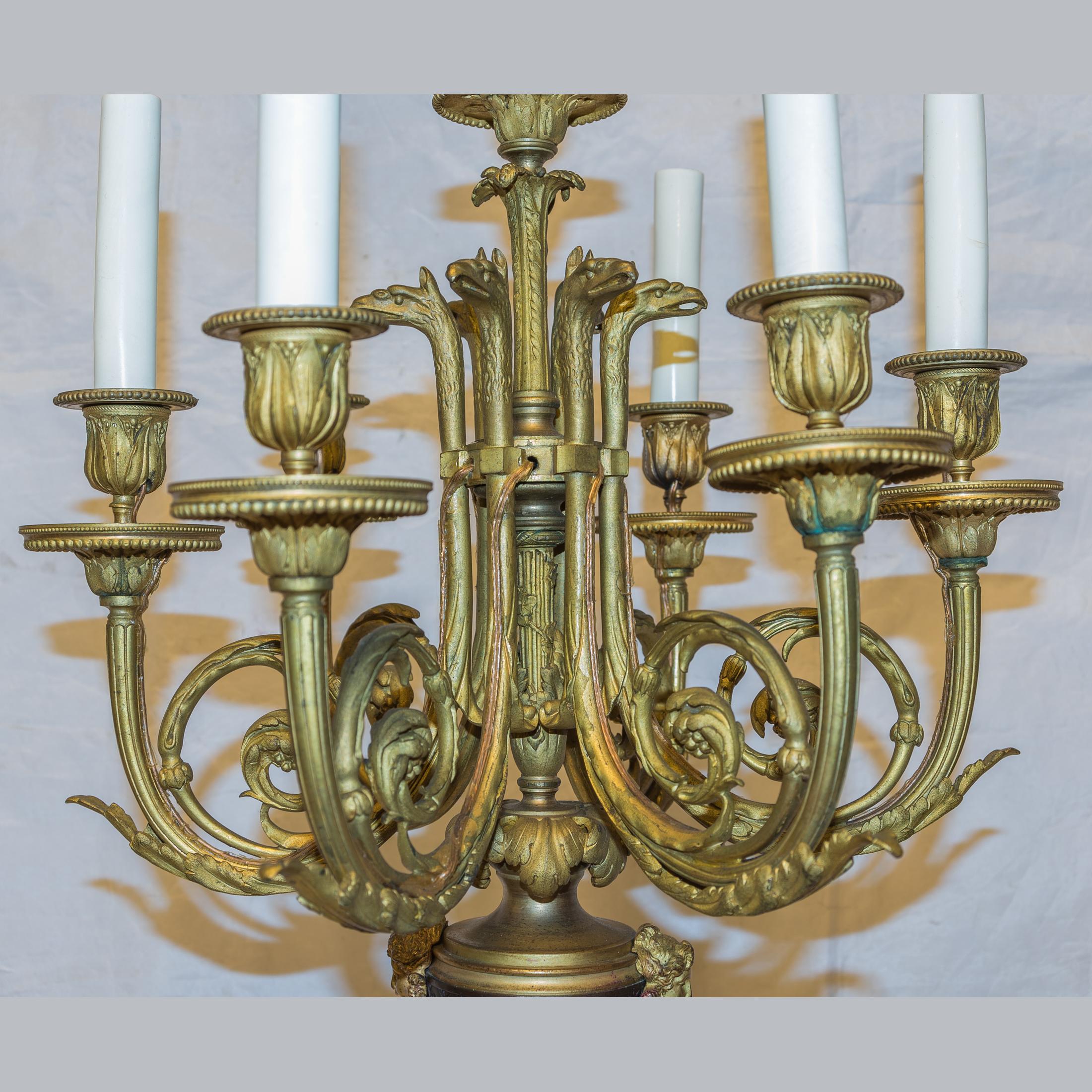 Pair of French Gilt Bronze and Patinated Bronze Seven-Light Figural Candelabra In Good Condition For Sale In New York, NY