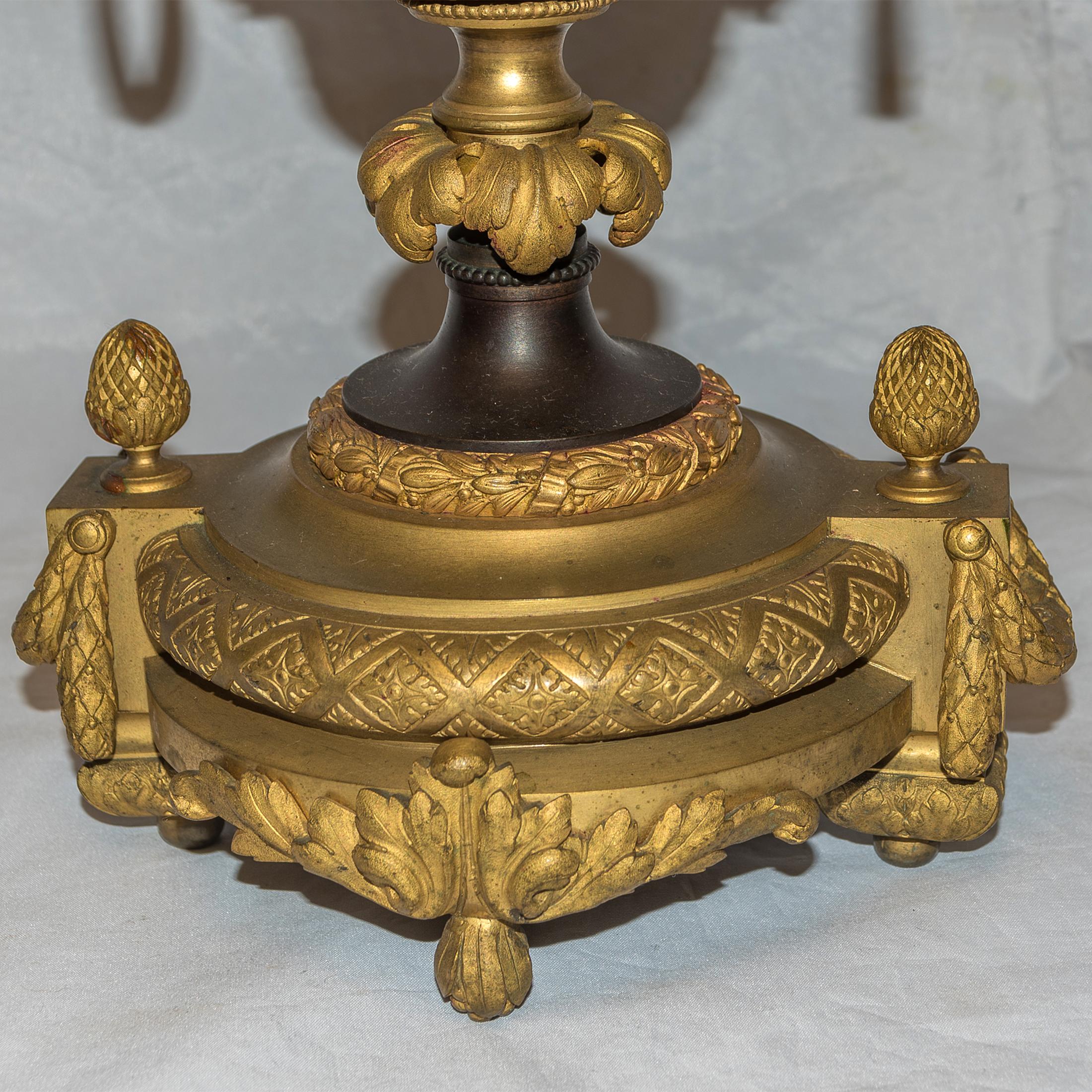 Pair of French Gilt Bronze and Patinated Bronze Seven-Light Figural Candelabra For Sale 1