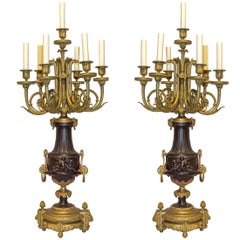 Pareja de candelabros figurados franceses de siete luces de bronce dorado y bronce patinado