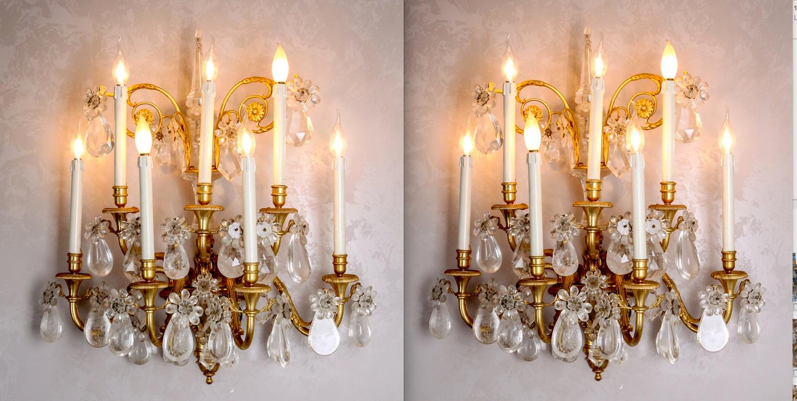 Pair of French Gilt Bronze and Rock Crystal Wall Lights or Sconces Neoclassical For Sale 16