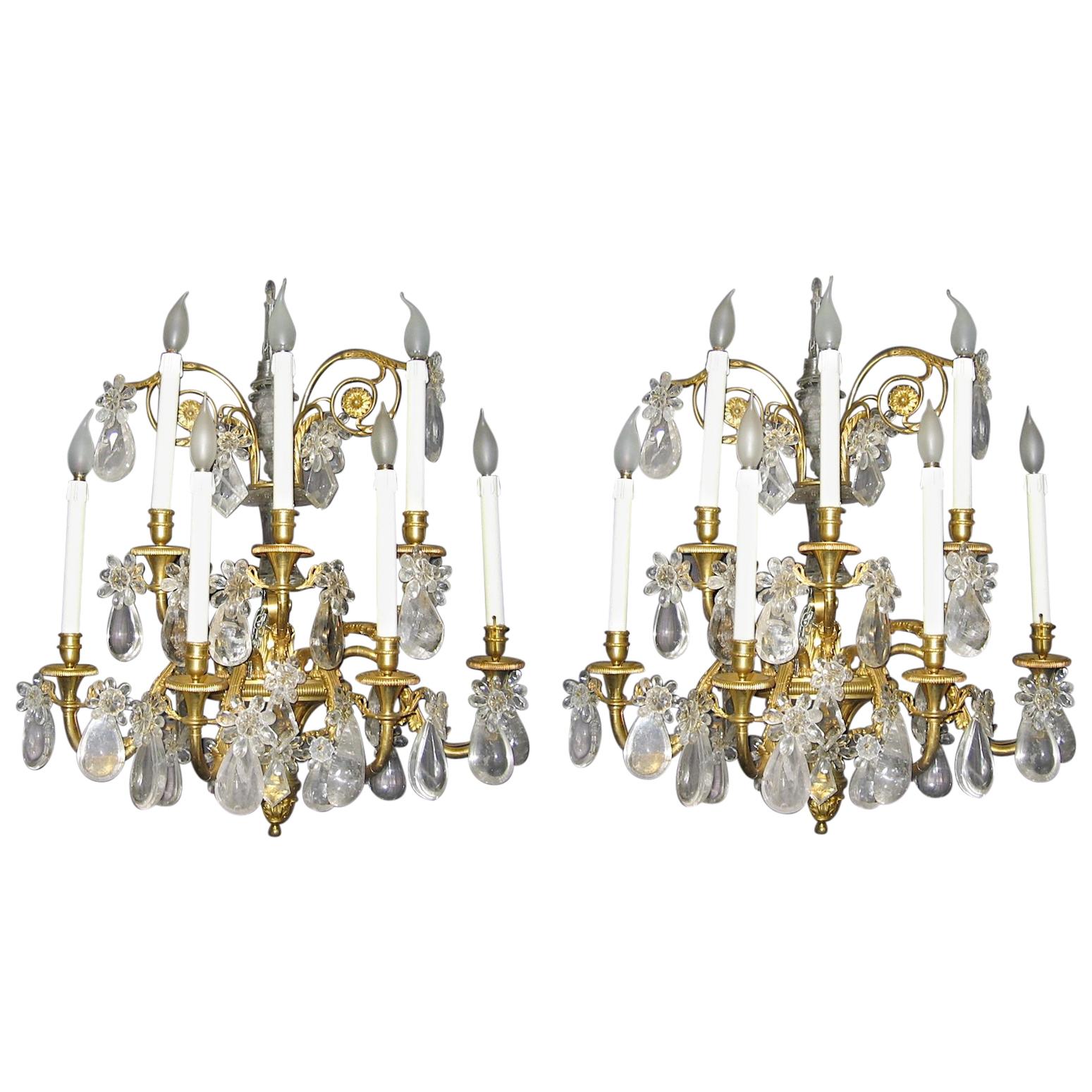 Pair of French Gilt Bronze and Rock Crystal Wall Lights or Sconces Neoclassical