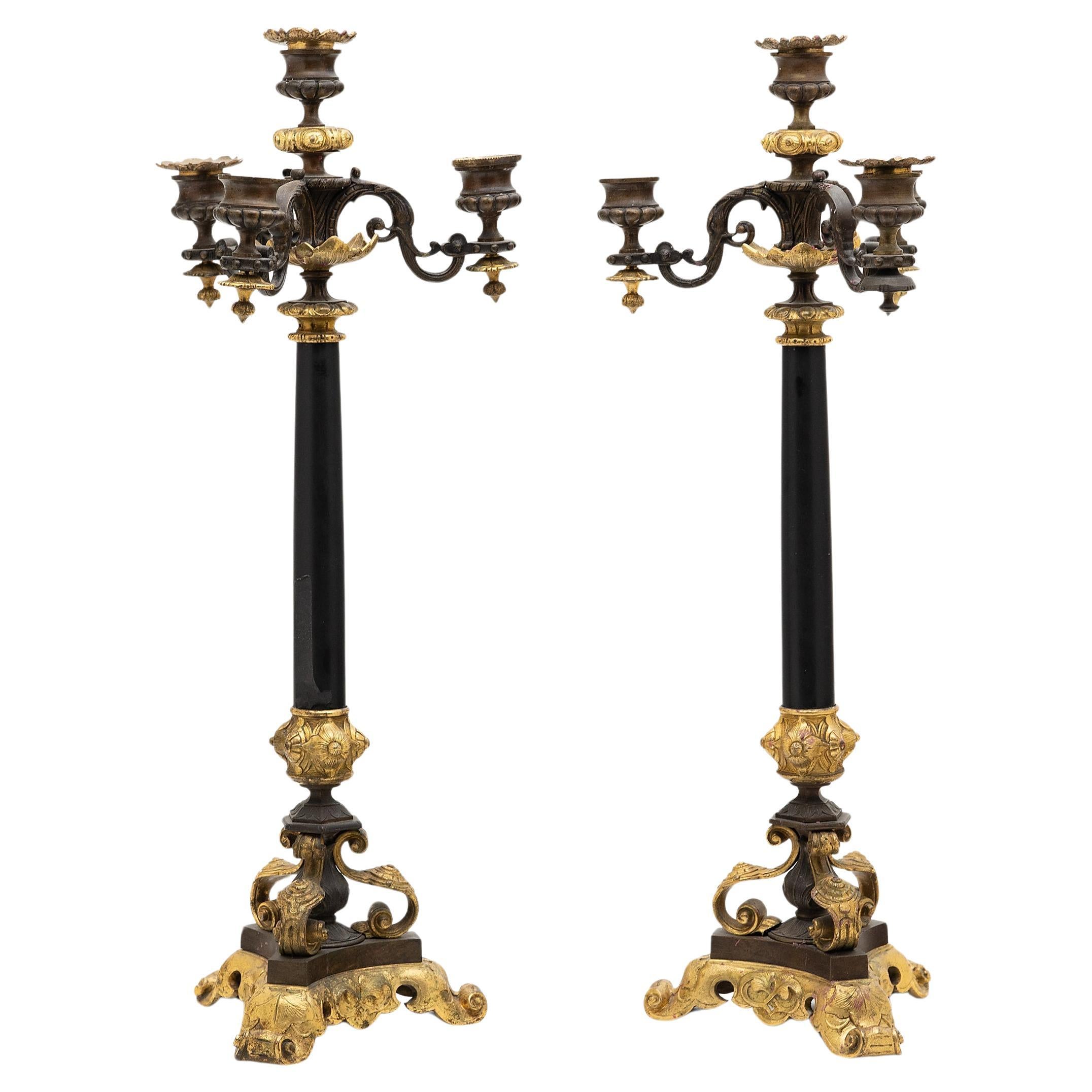 Pair of French Gilt Bronze and Slate Candelabras, c. 1850 For Sale