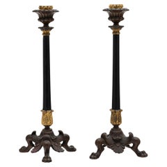 Antique Pair of French Gilt Bronze and Slate Candlesticks, c. 1850