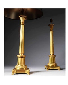Pair of French Gilt Bronze and Tole Antique Gold Column Table Lamps