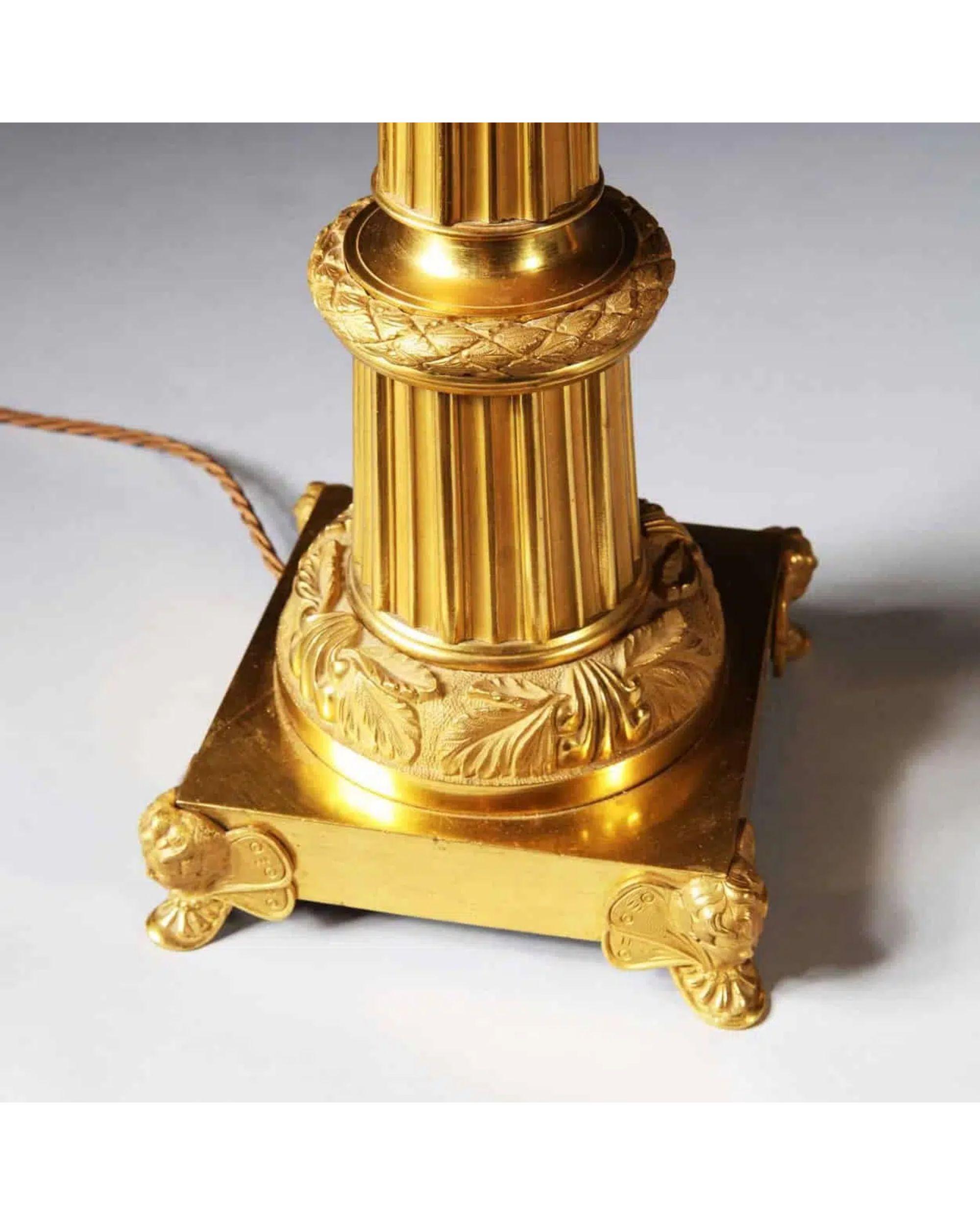 Paar französische Säulen-Tischlampen aus vergoldeter Bronze und Zinn, antikes Gold (Französisch) im Angebot