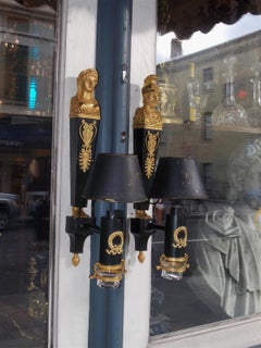 Pair of French Tole Gilt Bronze Figural Wall Sconces with Shades, Circa 1830