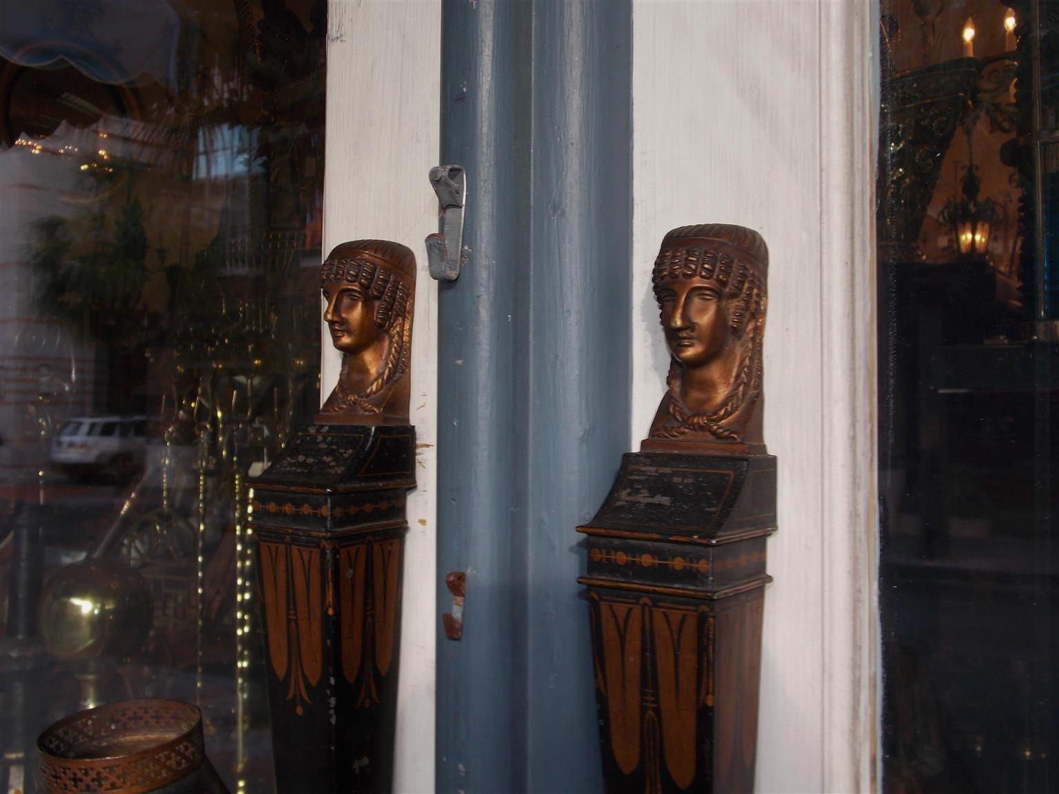 Pair of French Tole Gilt Stenciled Figural Wall Sconces with Shades, Circa 1830 In Excellent Condition For Sale In Hollywood, SC