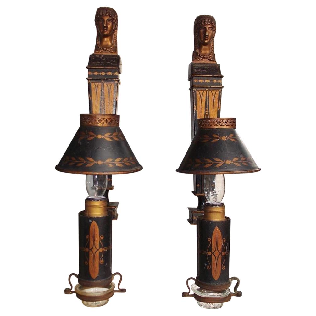 Pair of French Tole Gilt Stenciled Figural Wall Sconces with Shades, Circa 1830 For Sale