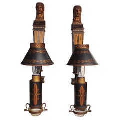 Pair of French Tole Gilt Stenciled Figural Wall Sconces with Shades, Circa 1830