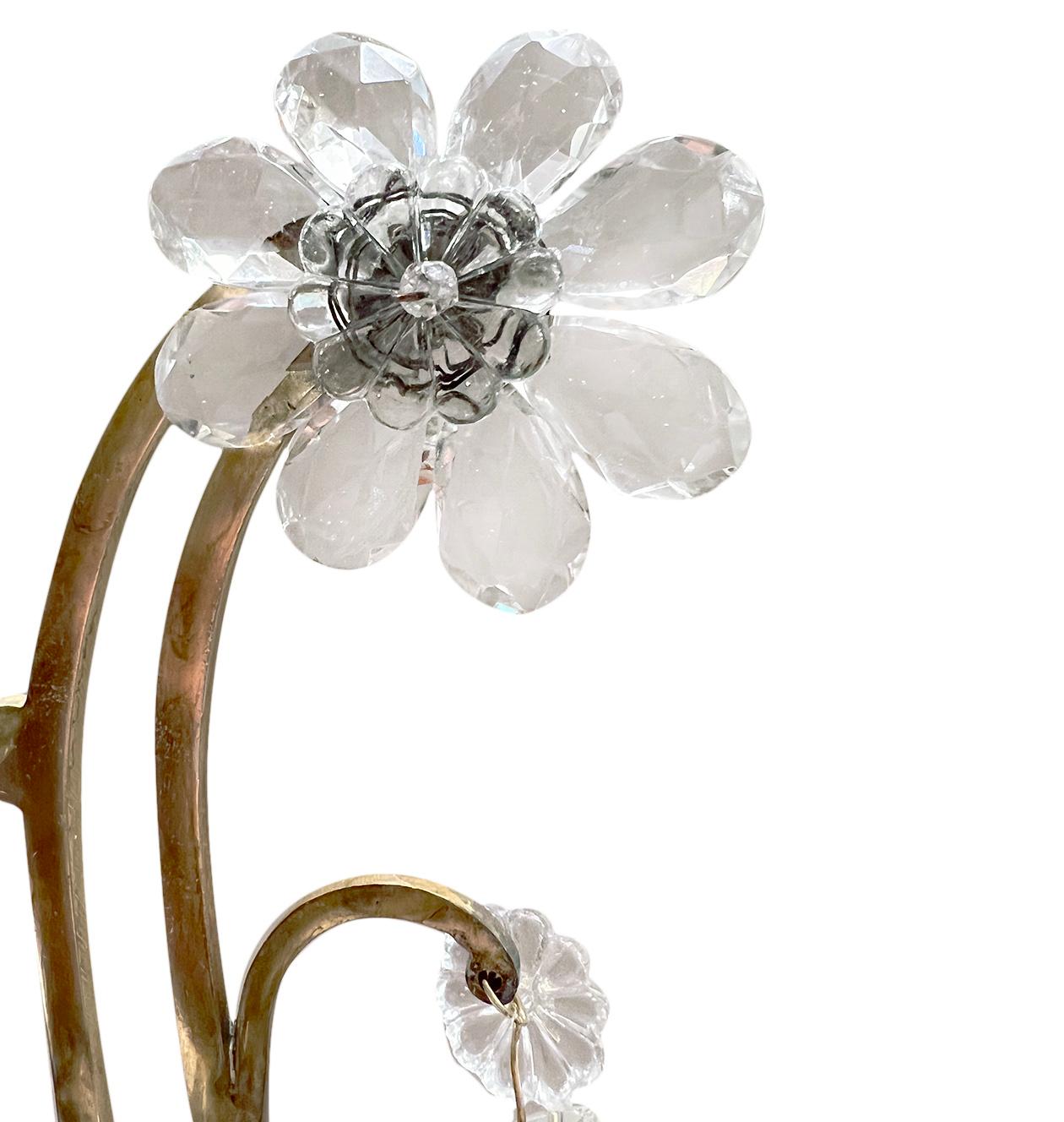 Pair of circa 1920's French bronze doré candelabras with 4 lights and crystal flowers.

Measurements:
Height: 22.5