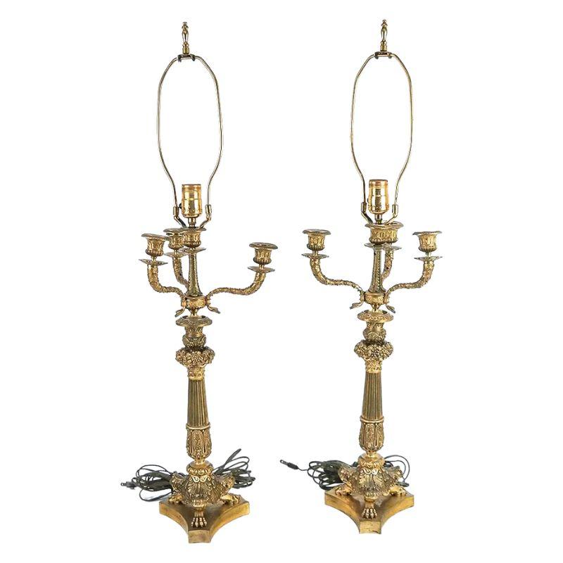 Pair of French Gilt Bronze Candelabra Lamps Circa 19th Century For Sale 1
