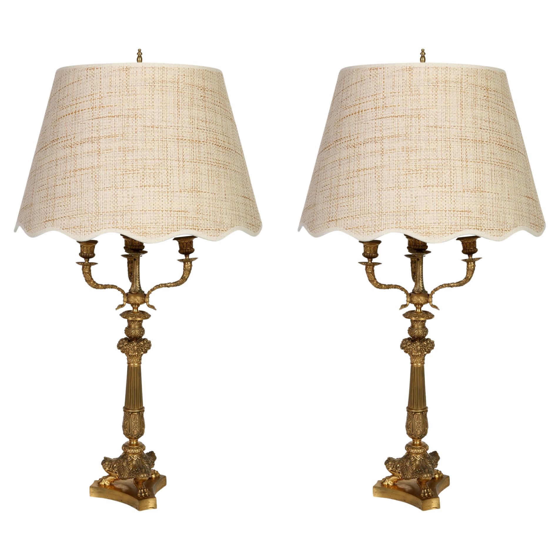 Pair of French Gilt Bronze Candelabra Lamps Circa 19th Century