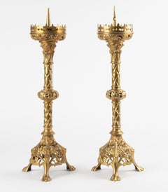 Pair of French Gilt Bronze Candlesticks Gothic Style, End 19th Century