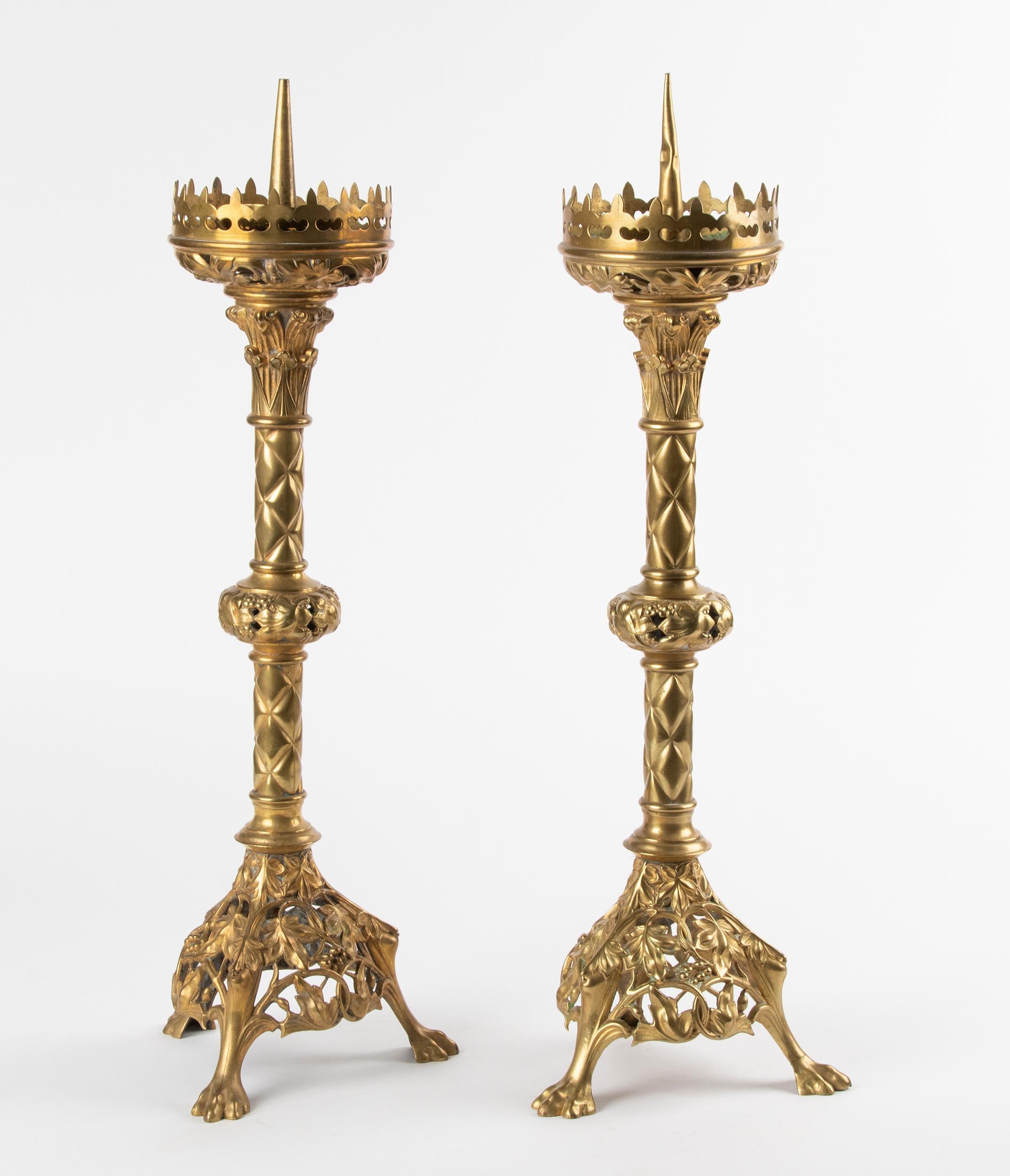 Pair of French Gilt Bronze Candlesticks Gothic Style, End 19th Century 15