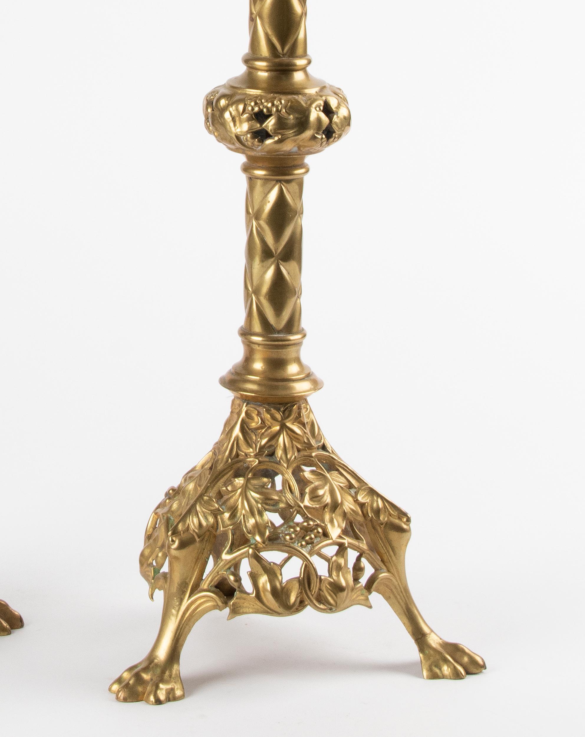 Gothic Revival Pair of French Gilt Bronze Candlesticks Gothic Style, End 19th Century