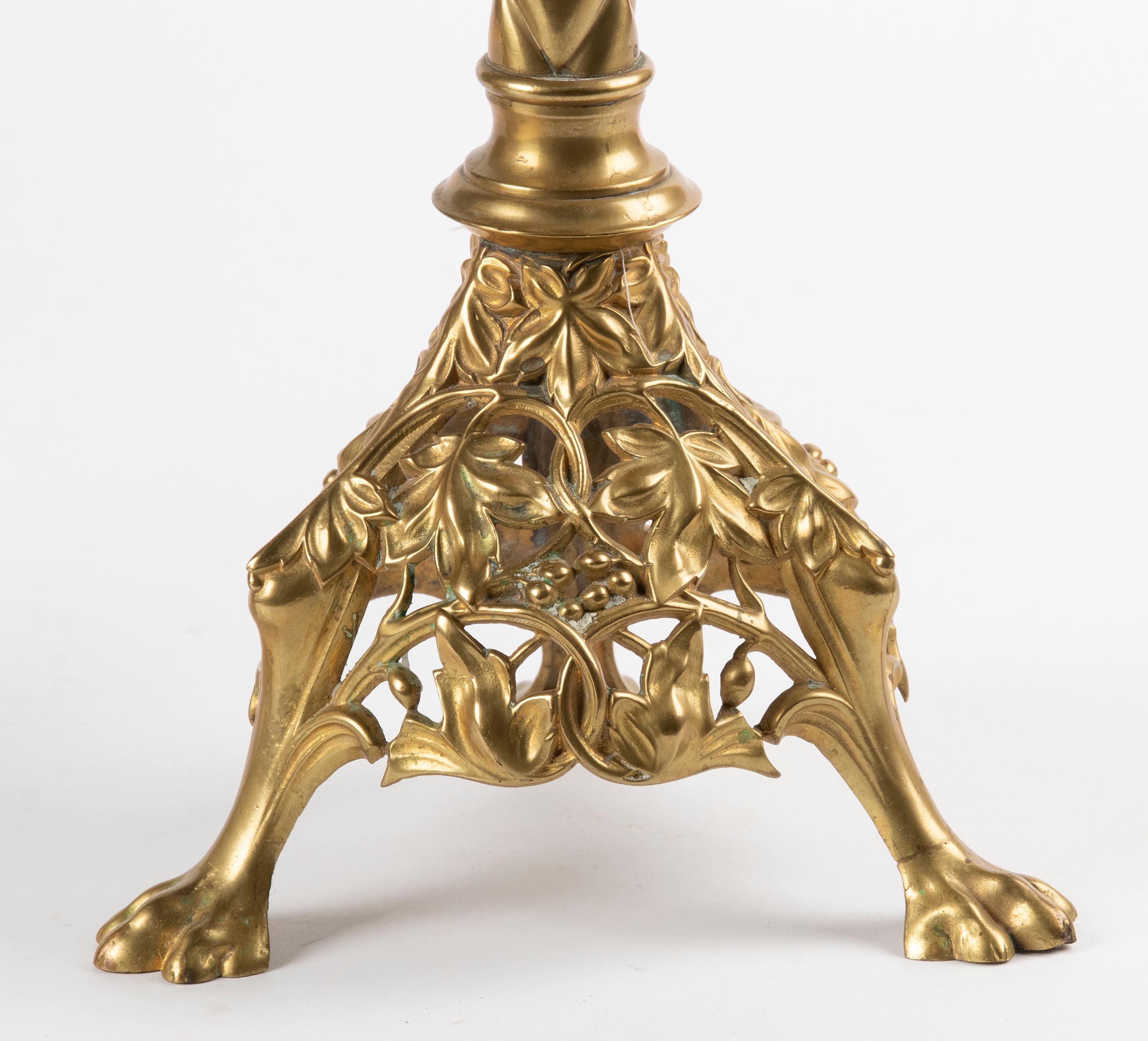 Late 19th Century Pair of French Gilt Bronze Candlesticks Gothic Style, End 19th Century