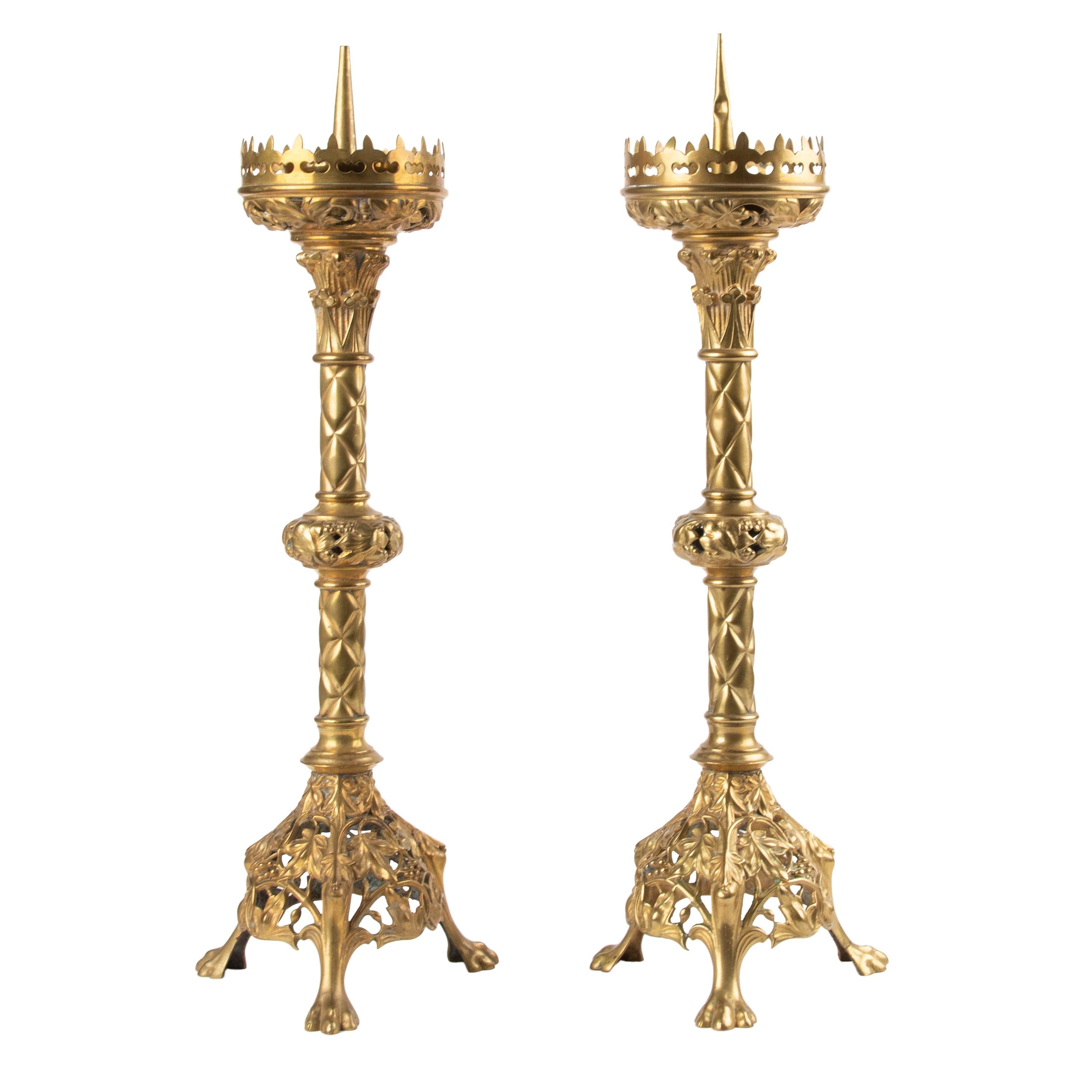 Pair of French Gilt Bronze Candlesticks Gothic Style, End 19th Century