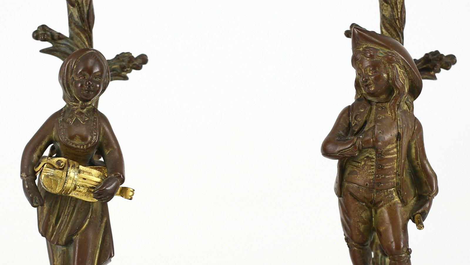 Pair of French Gilt Bronze Candlesticks, Male & Female Musicians, 19th Century  In Good Condition For Sale In Gardena, CA