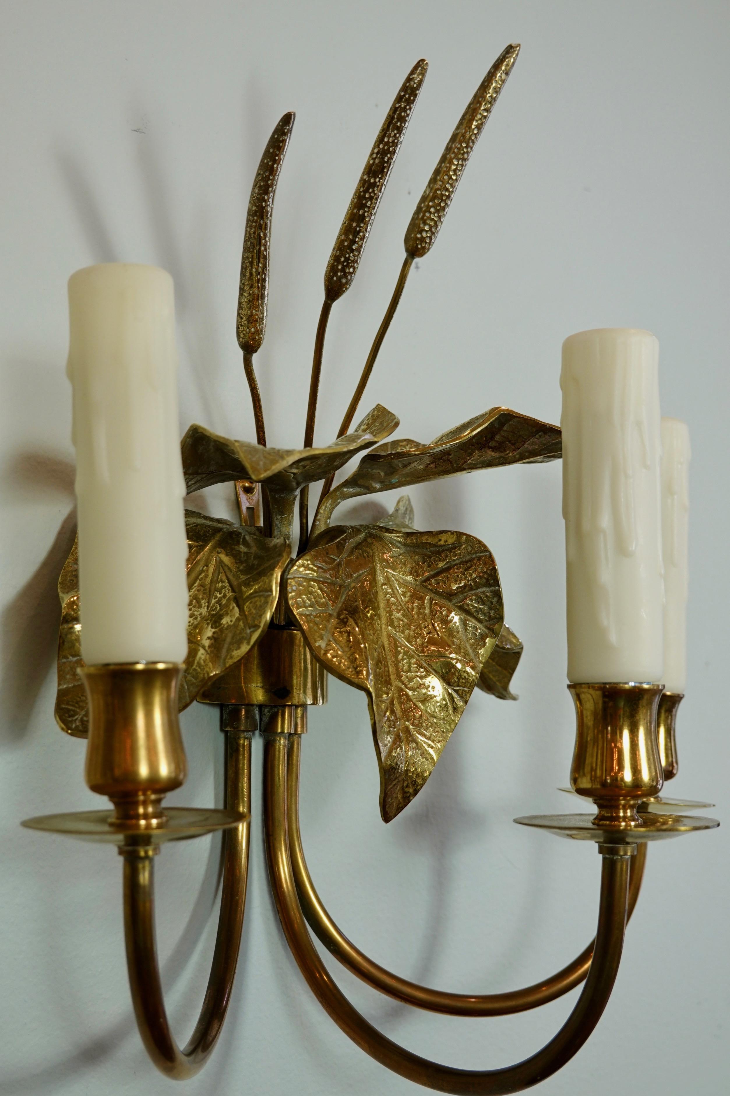 Pair of French Gilt-Bronze Cattail Sconces in the Style of Maison Charles For Sale 11