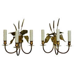 Pair of French Gilt-Bronze Cattail Sconces in the Style of Maison Charles